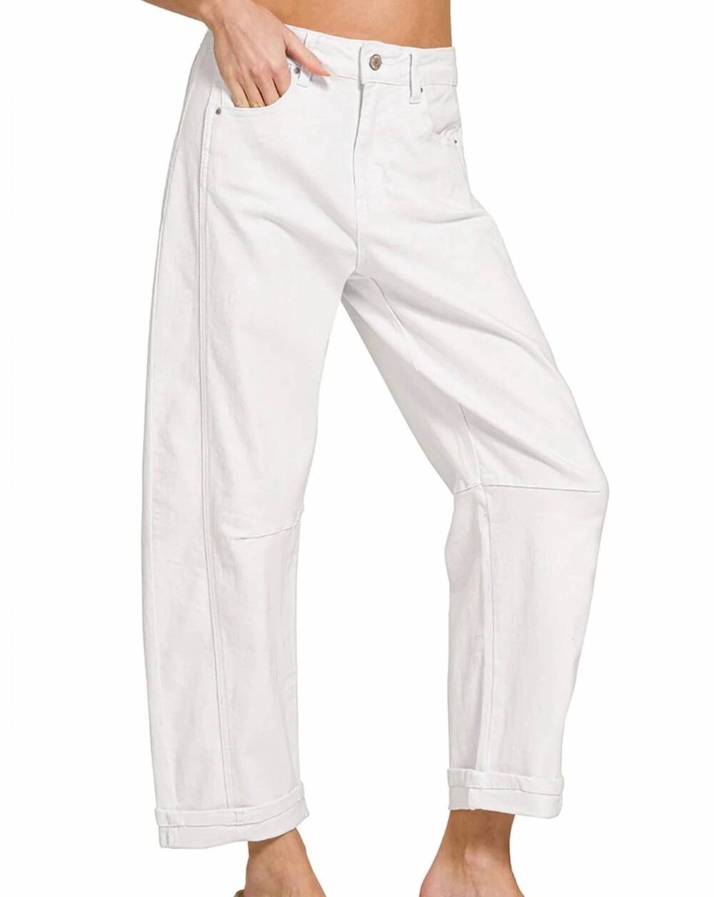 NEW ZENANA barrel leg cropped denim jeans in white